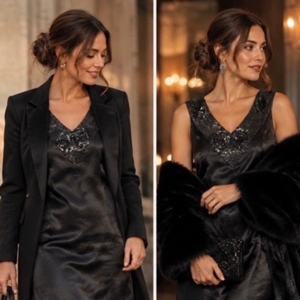 Vintage Handmade Black Satin Sequin Heart Cocktail Dress Sleeveless Shift